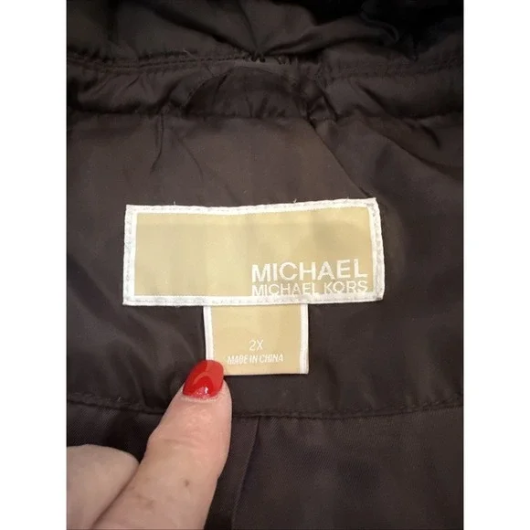 Michael Kors 2X Brown Quilted Feather Puffer Coat Jacket Faux Fur Collar & Hood